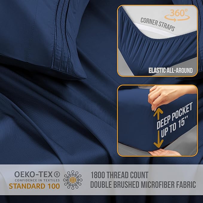 Twin Sheets Set - Luxury Hotel Bed Sheets - Soft Cooling Sheet with Elastic Corner Straps - Deep Pocket Microfiber Bedsheet - Bedding Sheet & Pillowcases - 3 PC (Twin Size, Navy Blue)