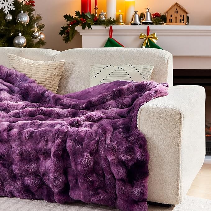 Lotus Karen Faux Fur Throw Blanket Tie-dye Violet - Big Bubble Rabbit Fluff Blanket for Couch Bed Sofa,Softest Fluffy Fuzzy Cozy Blanket,Thick Furry Plush Shaggy Warm Blankets for Women,108x90 Inches