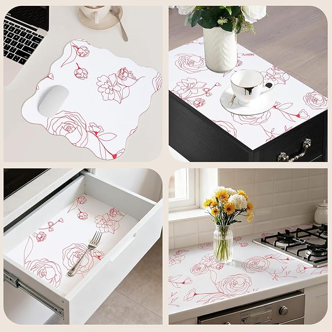 Shelf Liners for Kitchen Cabinets 12in x 20FT Non Adhesive Drawer Liner Red and White Floral Thickened Shelf Liner Paper Strong Non-Slip Easy to Clean for Tool Box with Knife and Tape Measure