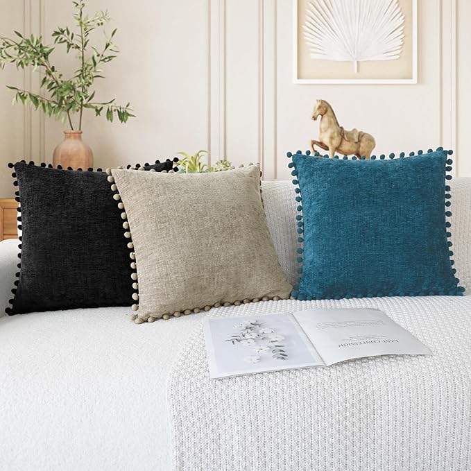 CaliTime Throw Pillow Covers Decorative 18 X 18 Inches Pack of 2 Cozy Solid Dyed Soft Chenille Cushion Cases with Pom Poms for Couch Sofa Bed Living Room Home Black