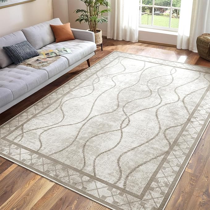 5x7 Area Rugs for Living Room, Machine Washable Rugs, Non-Slip Backing Low Pile Indoor Floor Rugs, Large Modern Carpet for Bedroom Entryway Classroom Playroom Dining Room Home Decor, Beige