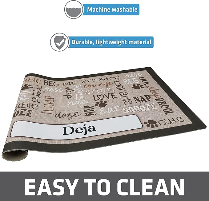 Drymate Personalized Pet Bowl Placemat, Custom Dog & Cat Food Feeding Mat - Absorbent Fabric, Waterproof Backing - Machine Washable/Durable (USA Made) (16" x 28") (Linen Tan)