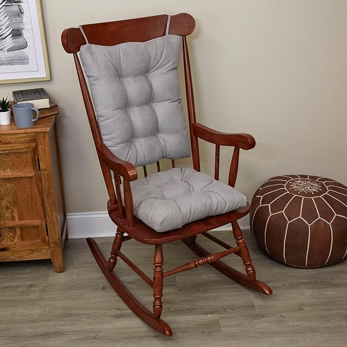 Klear Vu Omega Non-Slip Rocking Chair Cushion Set, Assembled in USA, Thick Padding & Tufted Design, Includes Seat Pad & Back Pillow with Ties, 17x17 Inches, 2-Piece Set, Twillo Gray