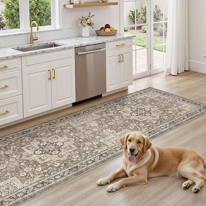 Vintage Hallway Runner Rug 3x8: Large Soft Washable Entryway for Kitchen Laundry Room Non-Slip Backing Runner for Entrance Living Room Bedroom Bathroom - Brown