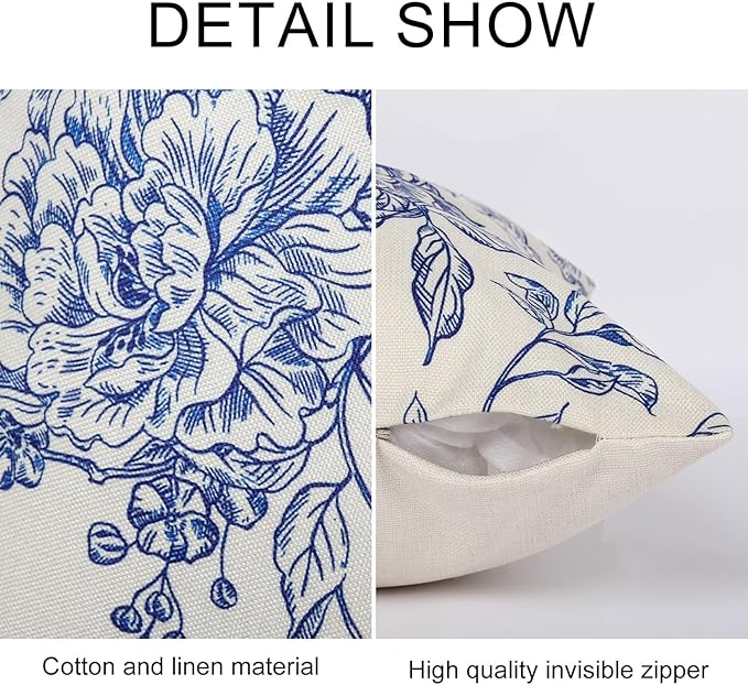 Vintage Floral Pillow Cover 18x 18 Set of 2,Blooming Flower Decorative Waterproof Linen Pillow Cushion Case,Modern Home Decor for Outdoor Couch Bedroom Car Blue and White