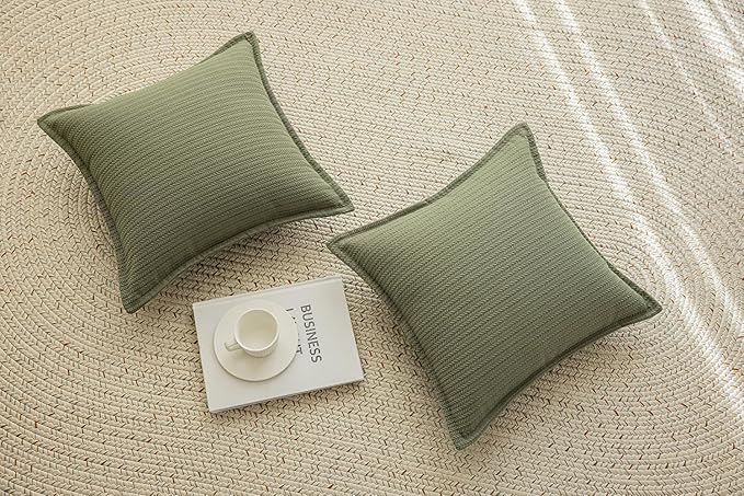 Set of 2 Cozy Striped Herringbone Flange Throw Pillow Covers, Aesthetic Embossed Pattern Pillow Covers for Couch and Bed - 20"x20", Sage Green