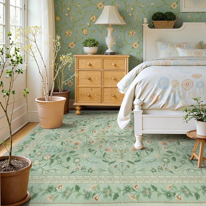Lahome Floral 9 x 12 Area Rugs for Living Room, Green Non-Slip Untra-Thin Washable Dining Room Rug, Vintage Botanical Print Low-Pile Soft Carpet for Bedroom Office, Sage