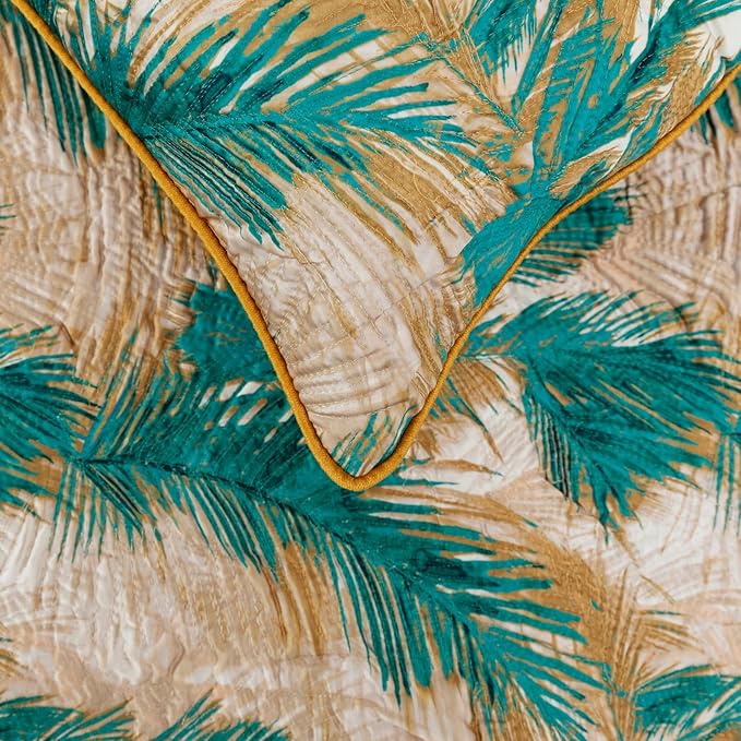 The HomeCentric King/Queen/Twin Green Decorative Queen 74"x18" Bed Runner Without Pillow Cover, Plam Leaves & Quilted Bed Scarf on Satin Fabric - Palms