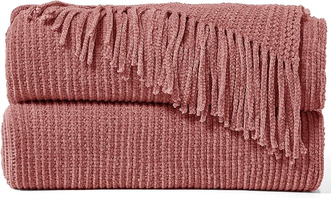 inhand Coral Pink Throw Blanket for Couch Bed,Chunky Chenille Woven Soft Warm Christmas Blankets Gifts for Women with Tassels, Cozy Boho Farmhouse Fall Winter Decor,50"x60",Medium Thick