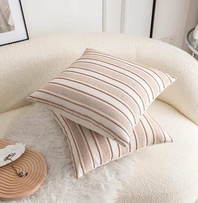 Decorative Boho Throw Pillow Covers, Farmhouse Textured Pillow Case, 20 x 20 Inch Set of 2, Chair Sofa Bedroom Living Room Home Decor Couch Cushion Case, Brown and Beige Striped
