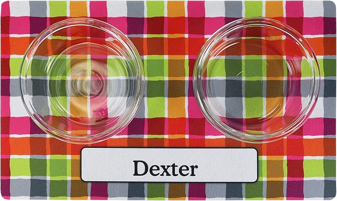 Drymate Personalized Pet Bowl Placemat, Custom Dog & Cat Food Feeding Mat - Absorbent Fabric, Waterproof Backing - Machine Washable/Durable (USA Made) (12" x 20") (Pink Plaid)