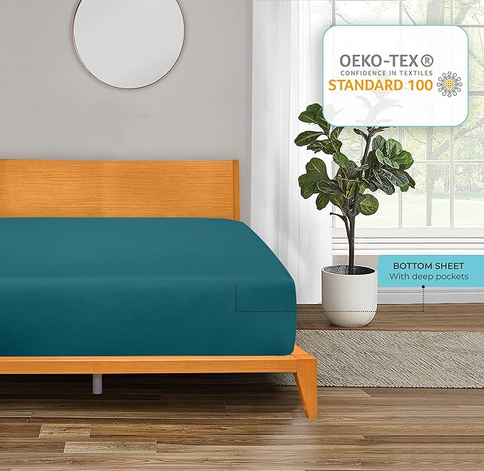 ROYALE LINENS 300 Thread Count 100% Long Staple Combed Cotton Fitted Sheet King - Super Soft Deep Pocket Bottom Sheet - Fitted Sheets Only - Elastic Sheets (King, Teal)