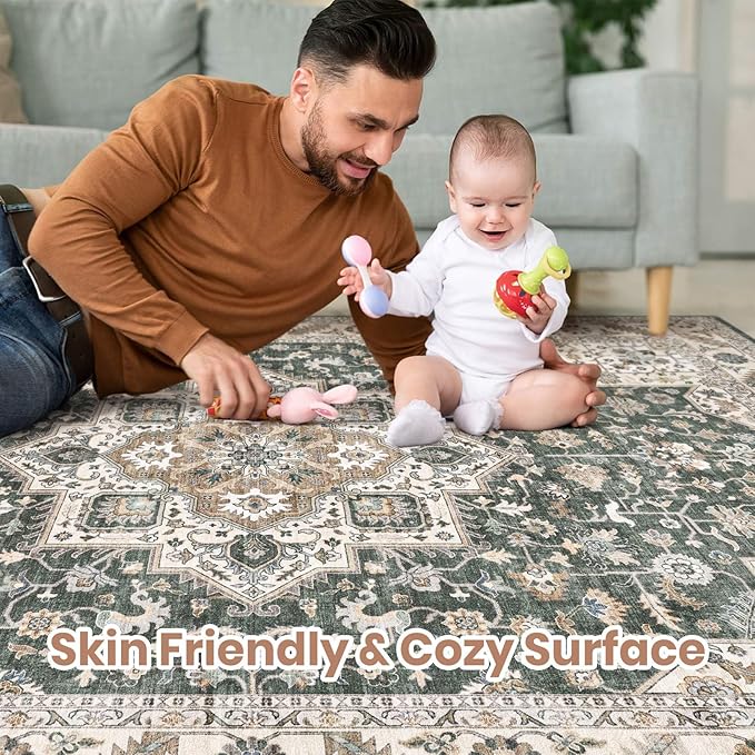 Vintage Living Room Area Rug 10x14 - Large Soft Washable Oriental Traditional Distressed Farmhouse Rugs for Bedroom - Indoor Floor Accent Carpet for Home Office House Decor - Vintage Green