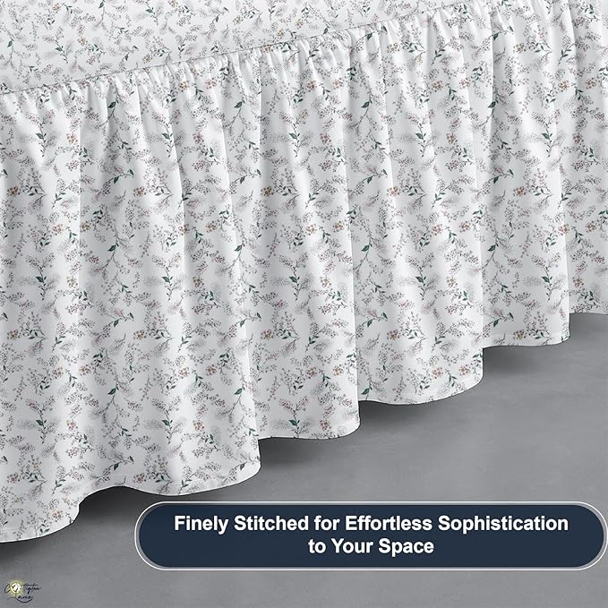 Cottington Lane Ruffled Bed Skirt Full Size with Split Corner, Brushed Microfiber Hotel Quality Dust Ruffle, 16 Inch Drop Gathered Bedskirt, Soft, Stylish, Shrink & Fade Resistant, Coco Rose Leaf