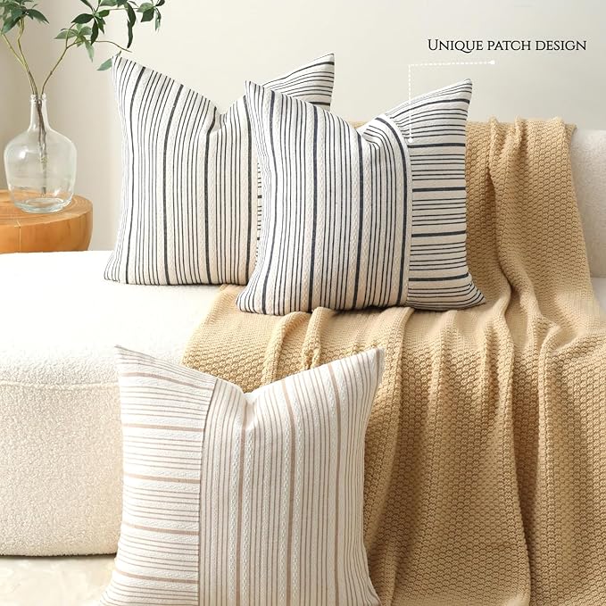 DWR Striped 3D Textured Weave Throw Pillow Covers 18x18 Set of 2, Polyester Cotton Blend in Navy, Modern Farmhouse Decorative Pillow Cases for Couch Sofa Bed Living Room