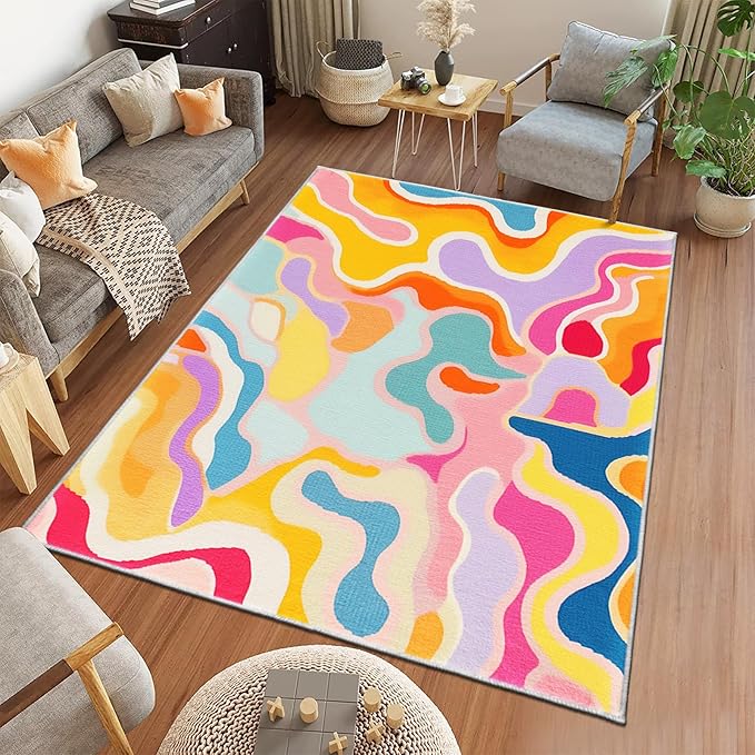 9CH Colorful Abstract Area Rug 7' X 5' 70s Aesthetic Colorful Striped Washable Faux Wool Rugs Non Slip Soft Cute Nursery Carpet for Girls Bedroom Dorm