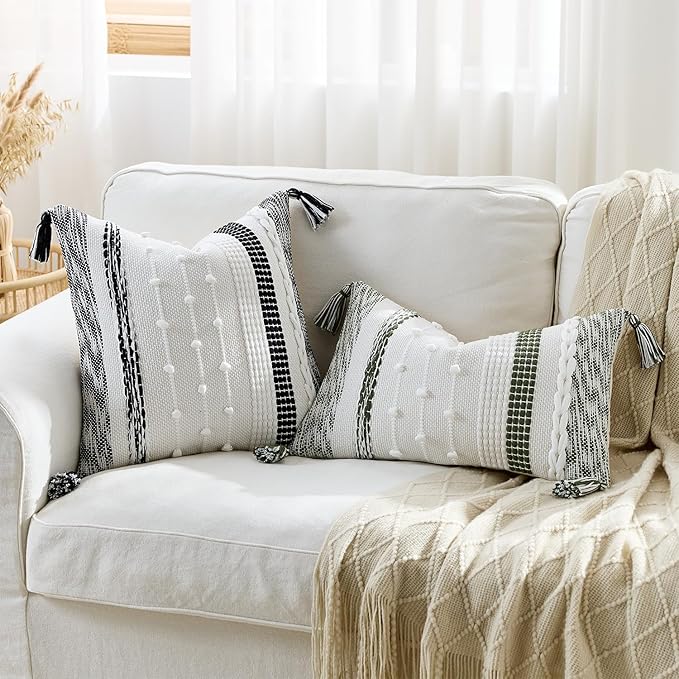 Boho Pillow Cover 18x18 Black - Handmade Woven Textured Throw Pillow Case with Cordings & Tassels, Decorative Accent for Couch Sofa Farmhouse Living Room Home Decor