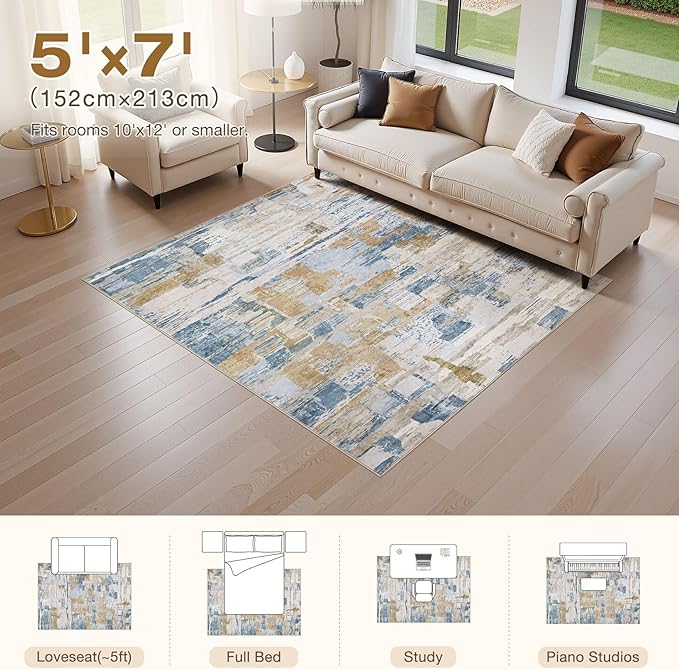 Abstract Living Room Rug 5x7 - Modern Washable Soft Thin Area Rug for Living Room Bedroom Under Dining Table - Neutral Indoor Floor Rug Carpets for Home Office Playroom Nursery - Blue Gold