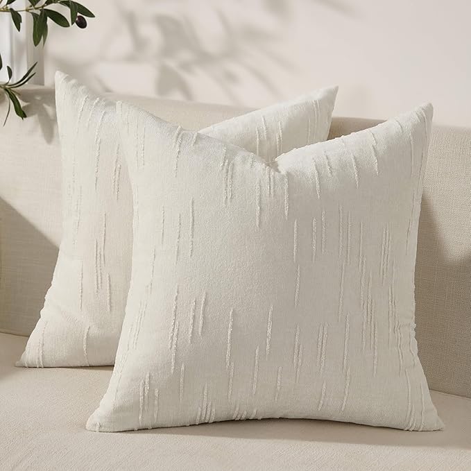 Set of 2 Soft Textured Throw Pillow Covers 18x18,Invisible Zipper Neutral Cushion Cases, Easy - Care Decorative Farmhouse Home Decor for Living Room Couch (White, 18" x 18" (Pack of 2))