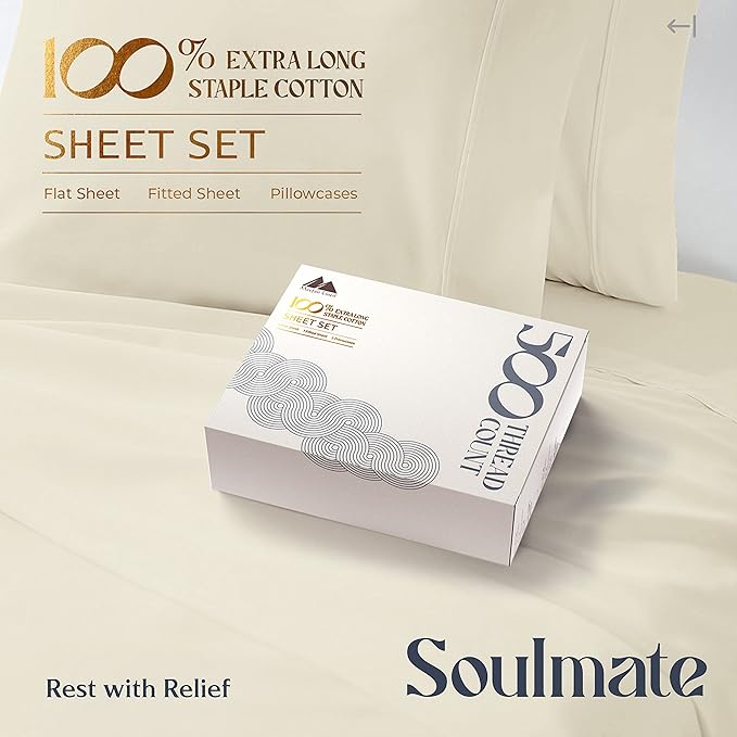 Mayfair Linen 500 Thread Count 100% Cotton Sheets King Size Bed Set - 4 PC King Bed Sheet Set Cotton (Sand), Soft, Cooling, Sateen Weave 16" Deep Pocket Bedsheet for Hot Sleepers (Fits 18" Mattress)