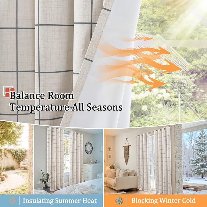 Plaid Patterned Curtains Thermal Insulated - 96 Inches Extra Long Total Linen Blackout Curtains for Living Room, Boho Drapery for Farmhouse Bedroom 52x96 Inch 2 Panels, Dark Grey