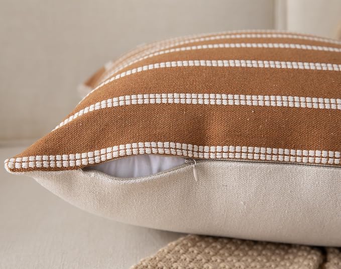 Caflife Boho Throw Pillow Covers 20x20 Set of 2 Soft Farmhouse Decorative Couch Pillow Cases Brown Striped Pillow Covers Neutral Cushion Covers for Sofa Bed Living Room Home Decor