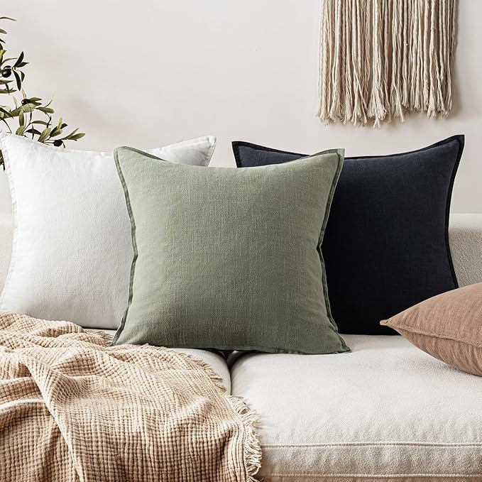 EMEMA Throw Pillow Covers Decorative Linen Pillow Covers 18x18 Inch Light Olive Green Boho Farmhouse Neutral Couch Throw Pillows for Bed Pack of 2 Accent Pillowcase Modern Sofa Cushion Livingroom Home