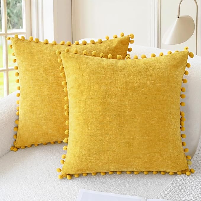 CaliTime Throw Pillow Covers Decorative 22 X 22 Inches Pack of 2 Cozy Solid Dyed Soft Chenille Cushion Cases with Pom Poms for Couch Sofa Bed Living Room Home Mustard Yellow
