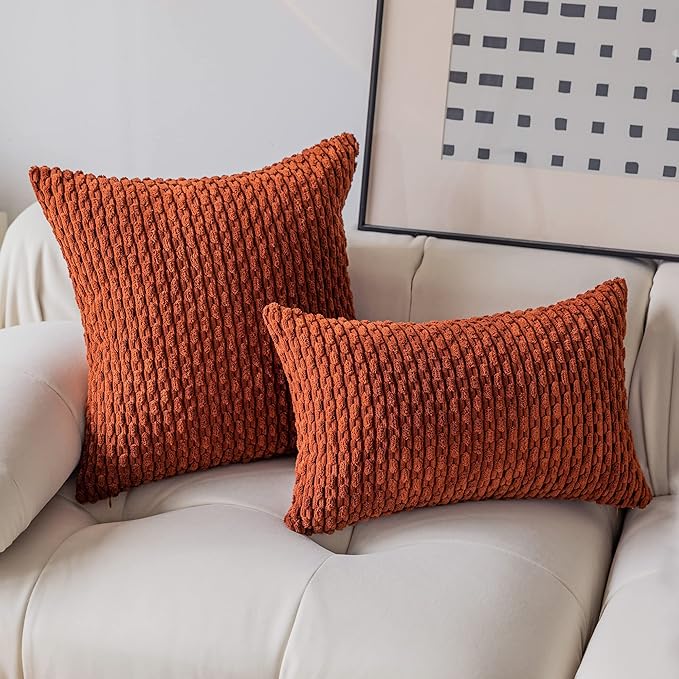 Kevin Textile Fall 12x20 Inch Pillow Cover 1 Pack Boho Decorative Soft Striped Corduroy Lumbar Farmhouse Solid Color Accent Rectangle Cushion Case for Living Room Couch Sofa Bed, Burnt Brick