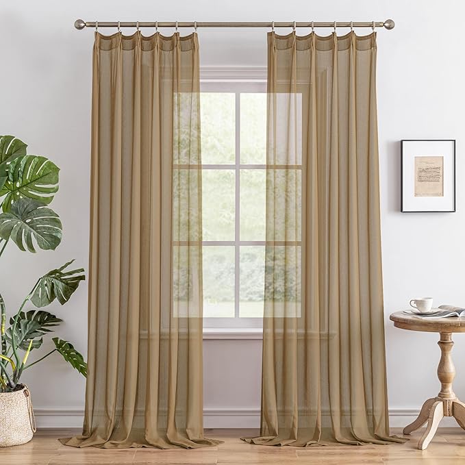 MAIHER Khaki Pinch Pleat Curtains 96 Inches Long Light Filtering Sheer Drapes for Bedroom Farmhouse Soft Touch Lightweight Pleated Drapes with Adjustable Hooks, Khaki, 42" W x 96" L, 2 Panels
