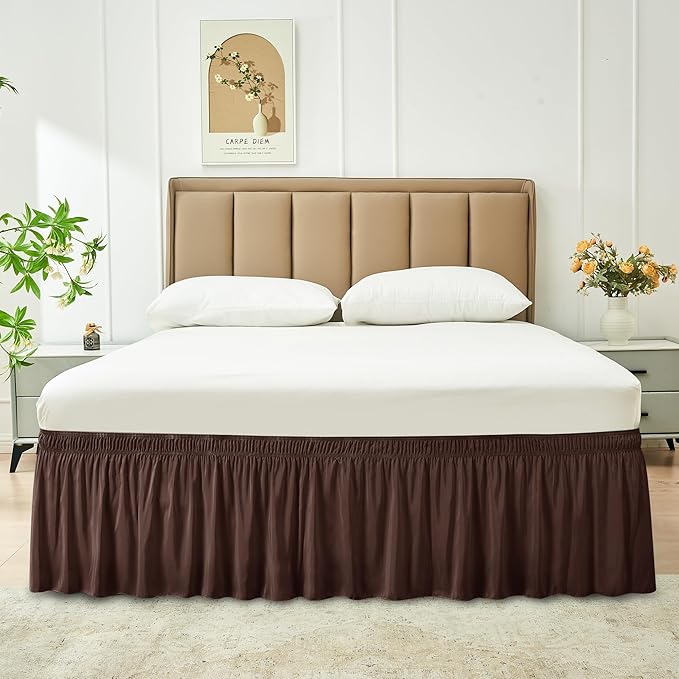 Biscaynebay Wrap Around Bed Skirts for King & Cal King Beds 16" Drop, Brown Adjustable Elastic Dust Ruffles Easy Fit Wrinkle & Fade Resistant Silky Luxurious Fabric Solid Machine Washable
