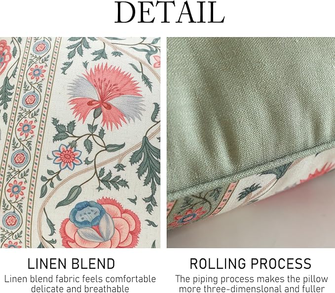 ISAENNE Design Square Retro Elegance Linen Throw Pillow Covers 18"x18" Pack of 2, Green Pink Floral Pattern Cushion Covers Decor Pillowcases for Bed,Living Room,Outdoor,Car