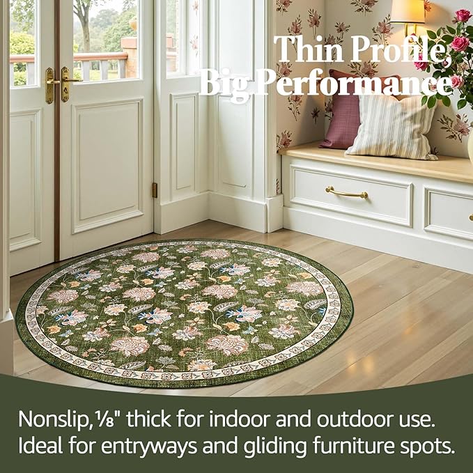 jinchan Elora 4ft Floral Round Rug for Entryway Washable Rug Vintage Romance Christmas Design Non Slip Indoor Doormat Lightweight Low-Profile Throw Carpet for Living Room Dining Room Bedroom, Green