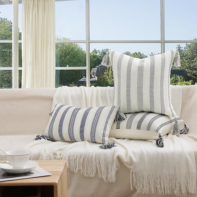 Smile Bee Spring Boho Outdoor Throw Pillow Covers Set of 2, Decorative Woven Striped Pillow Covers with Tassels for Couch Bed Sofa, 18x18 Inch, Navy Blue and Cream White