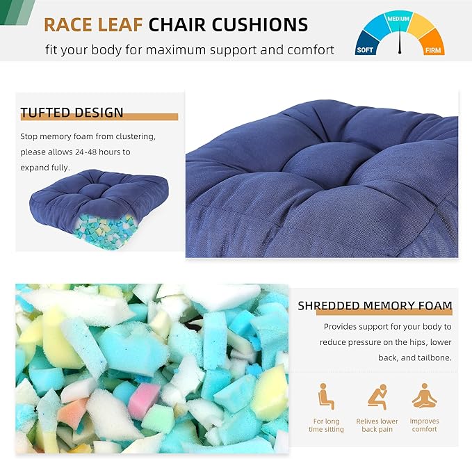RACE LEAF 4 Pack 19x19 Patio Chair Cushions, Waterproof Memory Foam Cushions with Tufted Cover and Non-Slip Base (Navy)