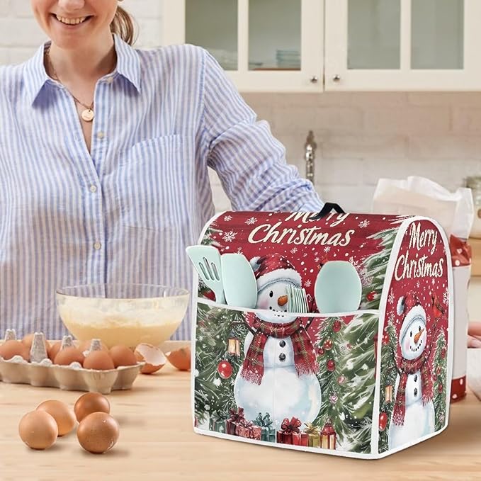 Merry Christmas Stand Mixer Cover Red Snowman Small Appliance Dust Covers For Kitchen Counter Washable Dustproof Cloth Cover for 4.5-5 Quart Mixers Christmas Kitchen Decor