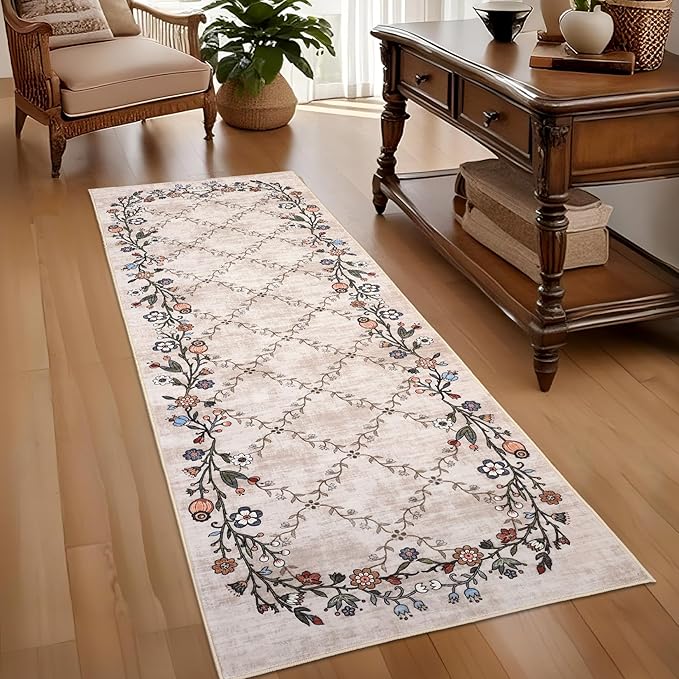 GarveeHome 2x6 Washable Floral Runner Rugs for Hallway: Modern Floral Non Slip Large Runner Rugs for Kitchen, Large Machine Washable Hallways Low Pile Carpet with Non-Slip Backing Beige 2 ft x6 ft.