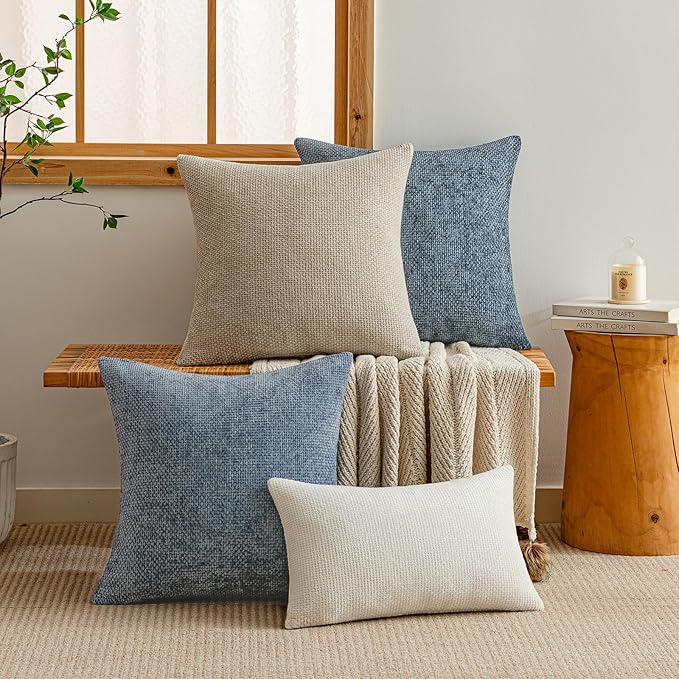 a moment Blue Chenille Throw Pillow Covers 16x16 Inch Pack of 2 Modern Decorative Throw Pillow Covers Farmhouse Cross Covers Home Decor for Sofa Bedroom Living Room