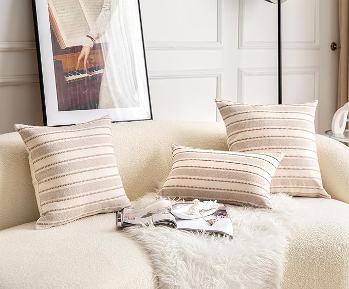 Decorative Boho Lumbar Throw Pillow Covers, Farmhouse Textured Pillow Case, 12 x 20 Inch Set of 2, Chair Sofa Bedroom Living Room Home Decor Couch Cushion Case, Tapue and Beige