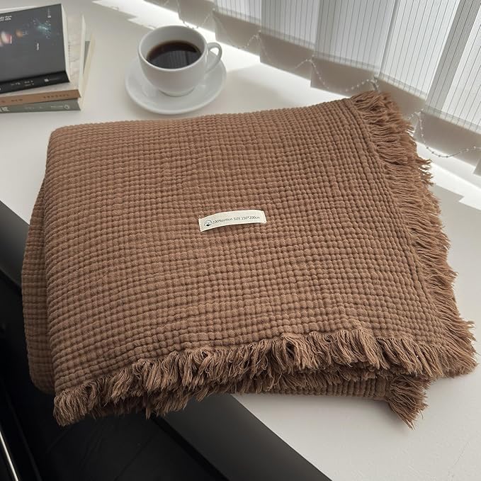 MorroMorn 100% Cotton Queen Size Bed Blanket 80"x90" Muslin Blanket with Fringes, 4-Layer Gauze Blankets for Adult, Boho Bedding Breathable Lightweight Ultra-Soft for All Seasons, Brown