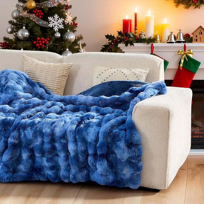 Lotus Karen Faux Fur Throw Blanket Tie-Dye Blue - Big Bubble Rabbit Fluff Blanket for Couch, Large Fluffy Fuzzy Cozy Blanket,Thick Furry Plush Shaggy Blankets,108x90 Inches