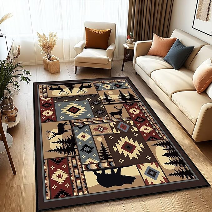 Rustic Rug for Bedroom,Cabin Wildlife Area Rug 4x6 Carpets Runner for Living Room,Buffalo Plaid Bear Moose Deer Country,Washable Throw Rugs Indoor Doormat Non Slip Floor Mats for Dining Room,Laundry