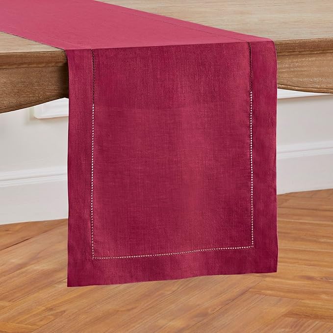 Solino Home Linen Table Runner 48 Inches - 100% Pure Linen Beet Hemstitch Table Runner 14 x 48 Inch Ideal for Dresser and Coffee Tables - Winter, Holiday, Christmas - Classic Hemstitch