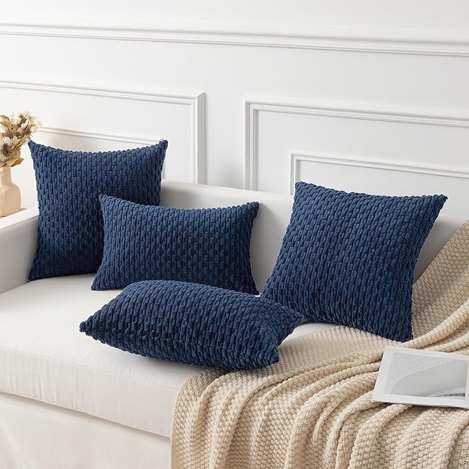 Kevin Textile 12x24 Inch Pillow Cover 1 Pack Boho Decorative Soft Striped Corduroy Lumbar Farmhouse Color Accent Rectangle Cushion Case for Living Room Couch Sofa Bed, Navy Blue
