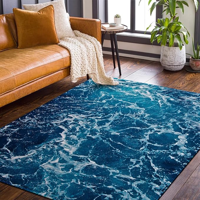 9CH Ocean Beach Area Rug 6'x9', Blue Sea Waves Polyester Area Rug Non-Slip Carpet Mat for Living Dining Dorm Room Bedroom Home Decorative