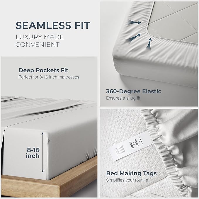 THREAD SPREAD 100% Egyptian Cotton Split King Sheets Sets for Adjustable Bed - Luxury 1500 Thread Count Split Top King Sheets (5 PC, Light Grey), Soft, Cooling, Sateen Weave 17" Deep Pocket Sheet Set
