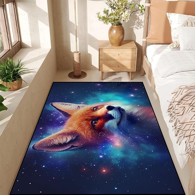 Galaxy Fox Rug Large 3D Cute Foxes Area Rugs for Bedroom Living Room Playroom Boys Kids Cartoon Colorful Carpet Glitter Stars Throw Rugs Floor Mat 71 in x 47 in