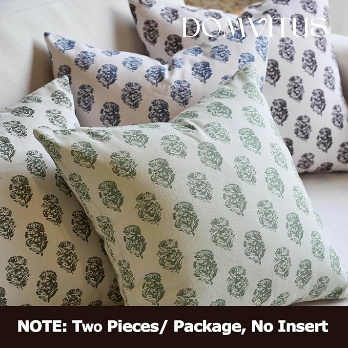 DOMVITUS Set of 2 Floral Pillow Covers 18x18, Block Print Pillow Covers Vintage Neutral Decorative Farmhouse Throw Pillow Covers for Couch Bed Living Room Sage Green