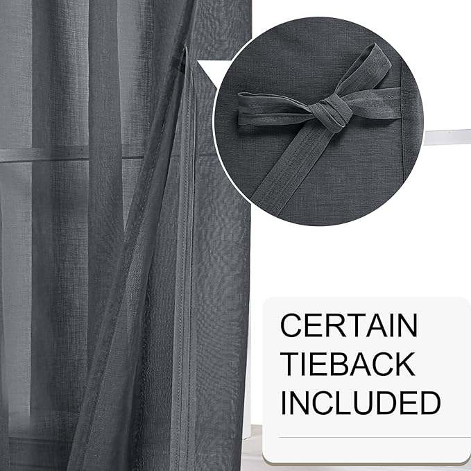 XWZO Dark Grey Sheer Curtains 95 Inches Length, Light Filtering, Airy & Breathable Grommet Small Window Curtains & Drapes for Bedroom, Living Room, Office, Nursery, W52 x L95, Set of 2 Panels
