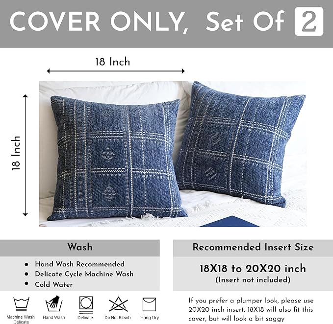 BlissBlush Dark Blue Decorative Throw Pillow Covers 18X18, Set of 2, Boho Farmhouse Cushion Cover, Cozy Soft Accent Pillowcase for Couch Sofa Bed Living Room Home Décor